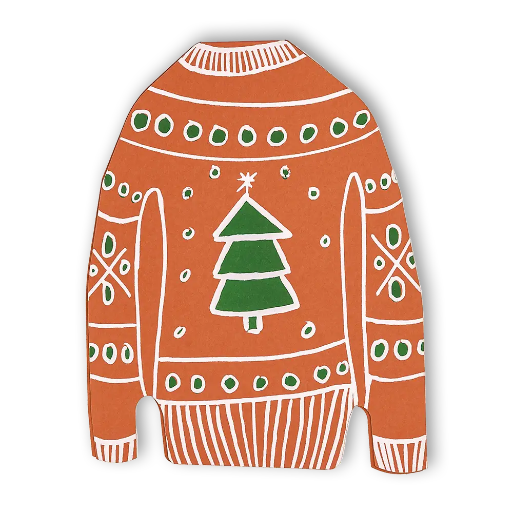 Red ugly sweater holiday card featuring a Christmas tree motif in the middle